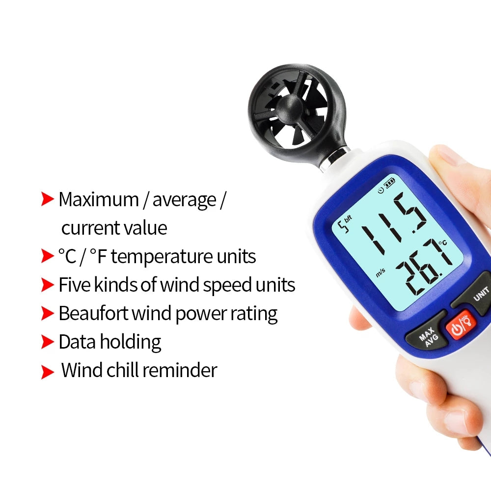 Uniqkart WT82 Digital Wind Speed Gauge Anemometer LCD Wind Temperature Display Air Flow Instrument