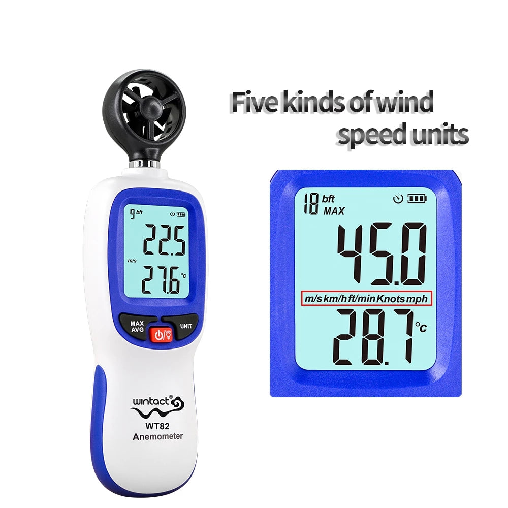 Uniqkart WT82 Digital Wind Speed Gauge Anemometer LCD Wind Temperature Display Air Flow Instrument