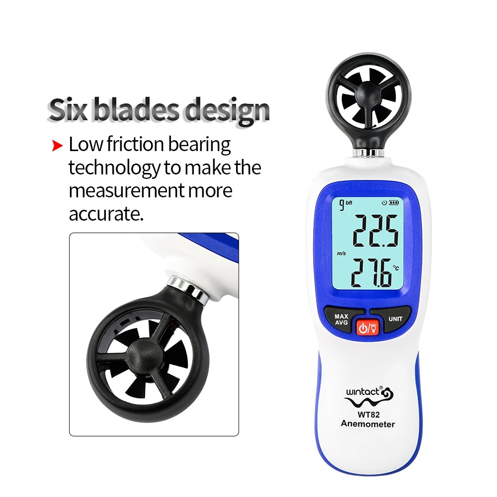 Uniqkart WT82 Digital Wind Speed Gauge Anemometer LCD Wind Temperature Display Air Flow Instrument