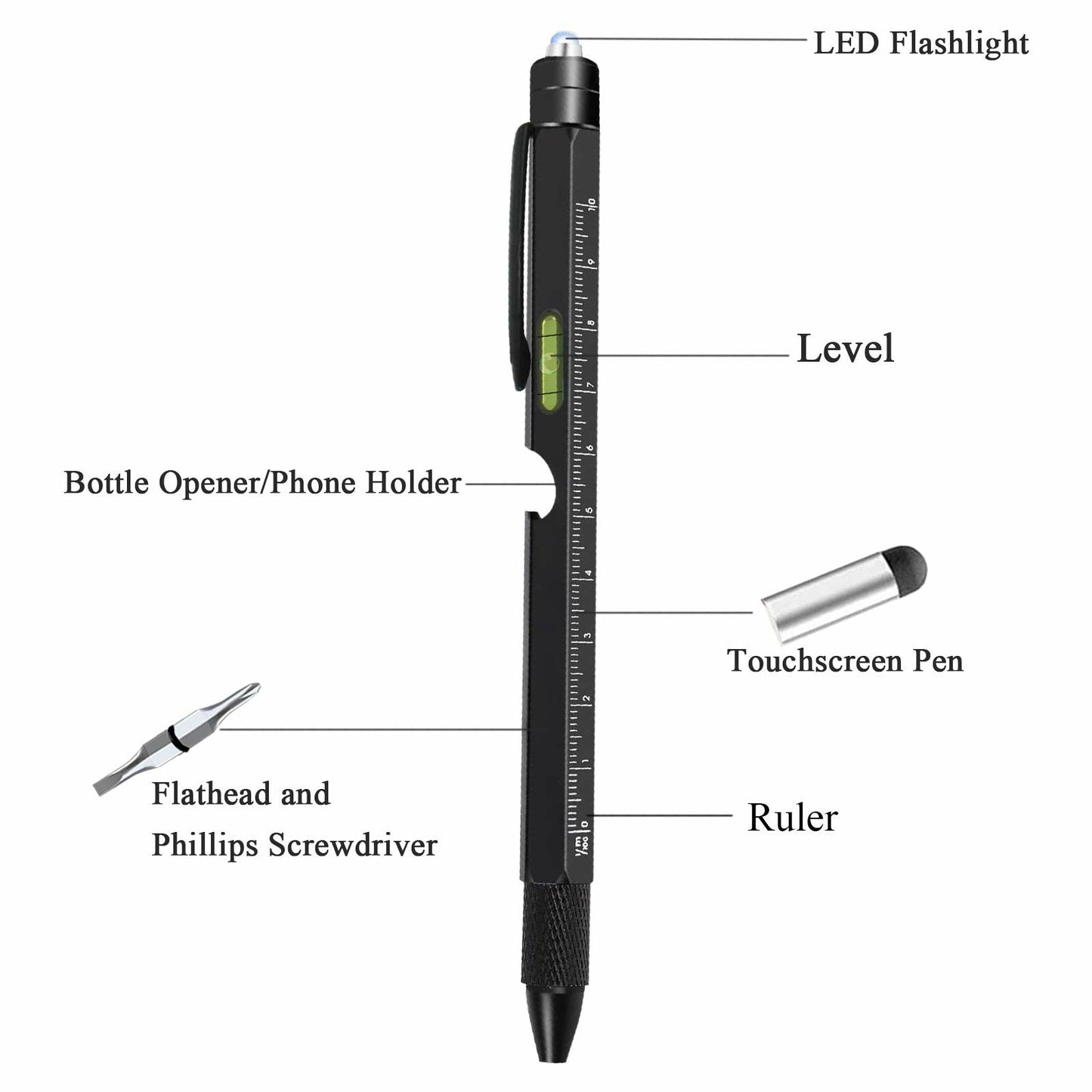2Pcs / Set Multifunctional Tool Pen LED Light Bottle Opener Ruler Screwdriver Stylus 9-in-1 / 6-in-1 Metal Ballpoint Pen - Yellow+Black