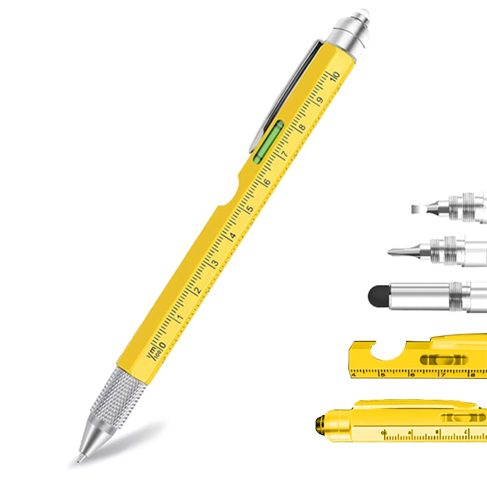 JBP-248 9-in-1 Multifunction Pen Set for Men, LED Light Capacitive Touch Metal Pen Tool with Screwdriver, Ruler, Bubble Level, Bottle Opener - Yellow