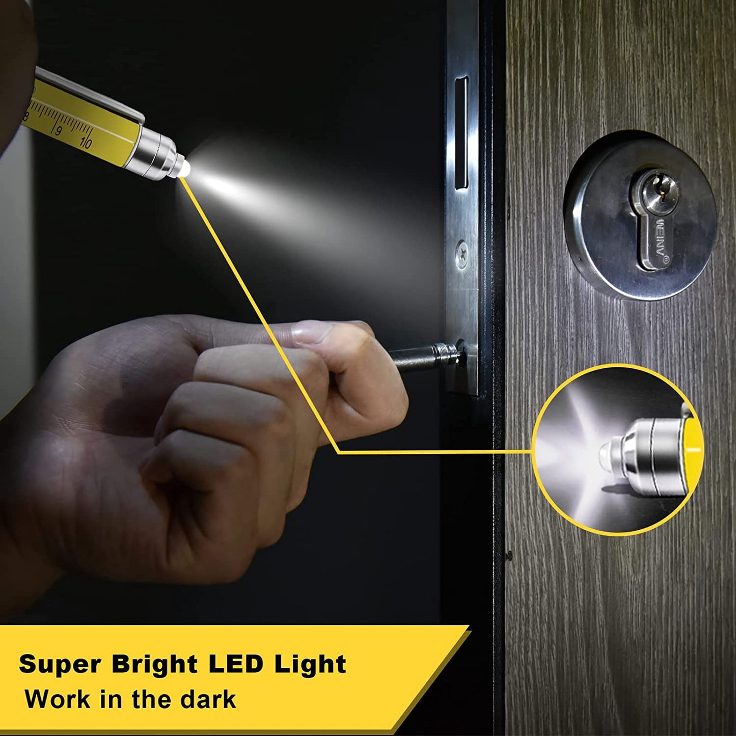 JBP-248 9-in-1 Multifunction Pen Set for Men, LED Light Capacitive Touch Metal Pen Tool with Screwdriver, Ruler, Bubble Level, Bottle Opener - Yellow