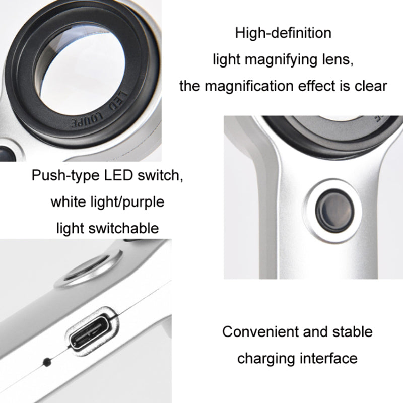 30X Hand-held ABS+Glass Lens Magnifier Rechargeable Jewelry Identification Magnifying Glass