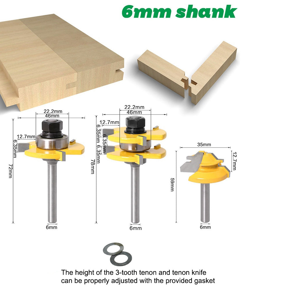 3Pcs 6mm Shank Router Bit Set 3-Teeth T6x47+45-Degree + 6x1-3 / 8 Groove Milling Tool Woodworking Cutter for MDF, Wood