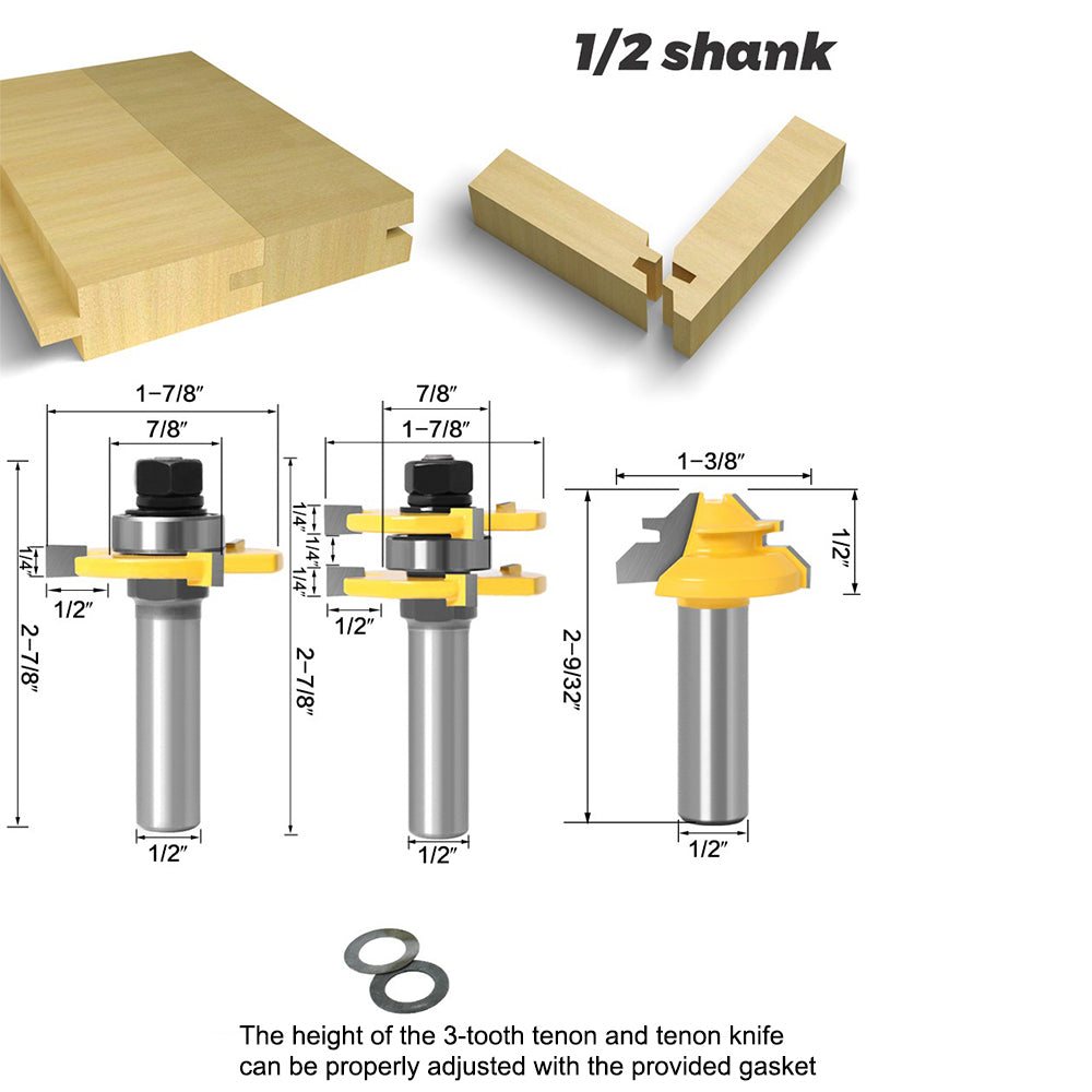 3Pcs Woodworking Router Bit Set 1 / 2inch Shank 3-Teeth T1 / 2x47+45-degree + 1 / 2x1-3 / 8 Groove Milling Cutter Tool for MDF, Wood