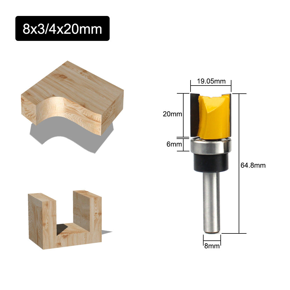 C08-013-081920 8x3 / 4x20mm Hard Alloy Straight Router Bit Woodworking Mill Trimmer Flush Bearing Trimming Cutter with Plastic Box
