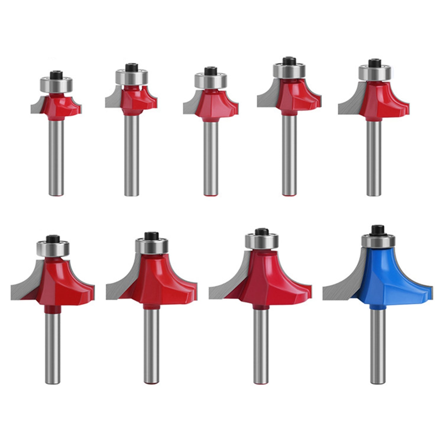 MC01035T9A 9PCS 1 / 4 Inch Shank Wood Trimming Milling Cutter Necking Tool Round Over Bit with Plastic Box