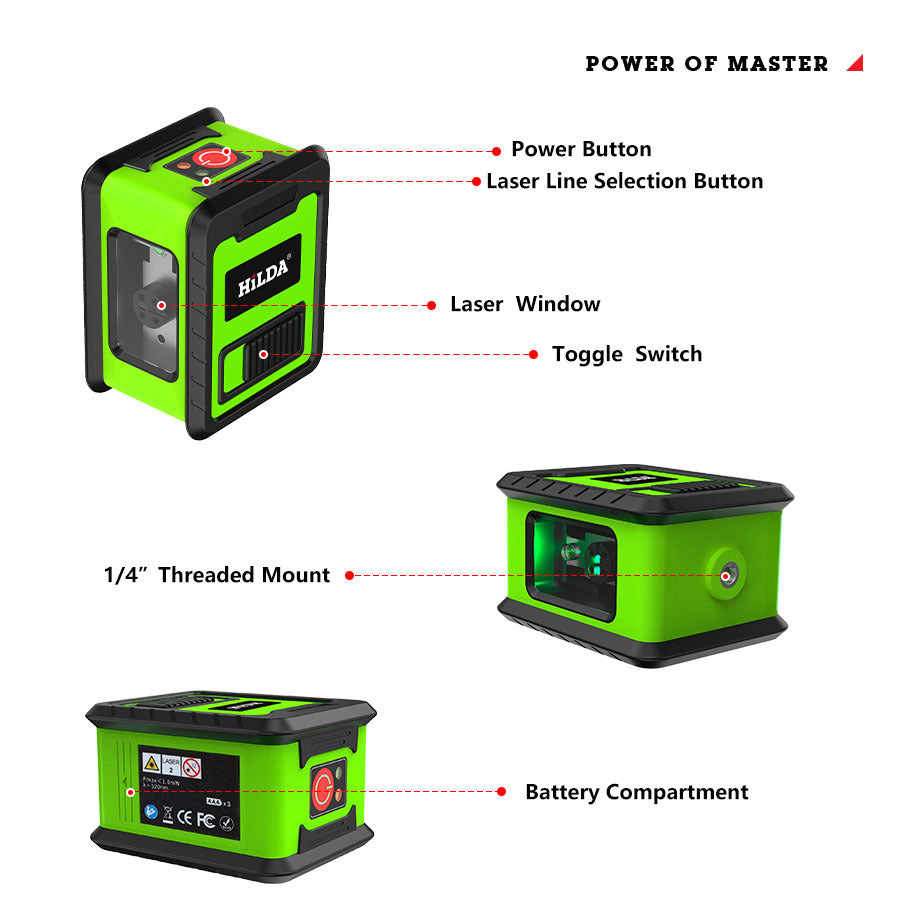 Hilda Laser Level Meter 2-Lines Cross Green Light Level Laser Horizontal and Vertical Laser Self-Leveling Tool - Green