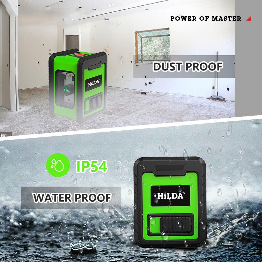 Hilda Laser Level Meter 2-Lines Cross Green Light Level Laser Horizontal and Vertical Laser Self-Leveling Tool - Green