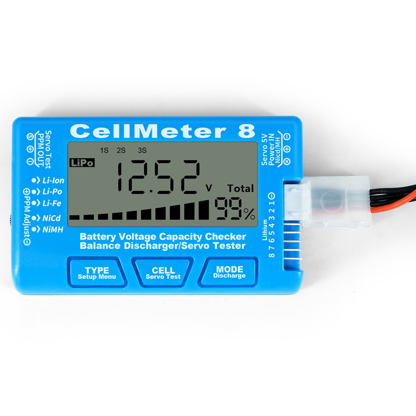 Cellmeter 8-in-1 Digital Battery Capacity Checker Controller Tester Voltage Tester for Li-Po Li-ion NiMH Nicd Cell Meter - Blue
