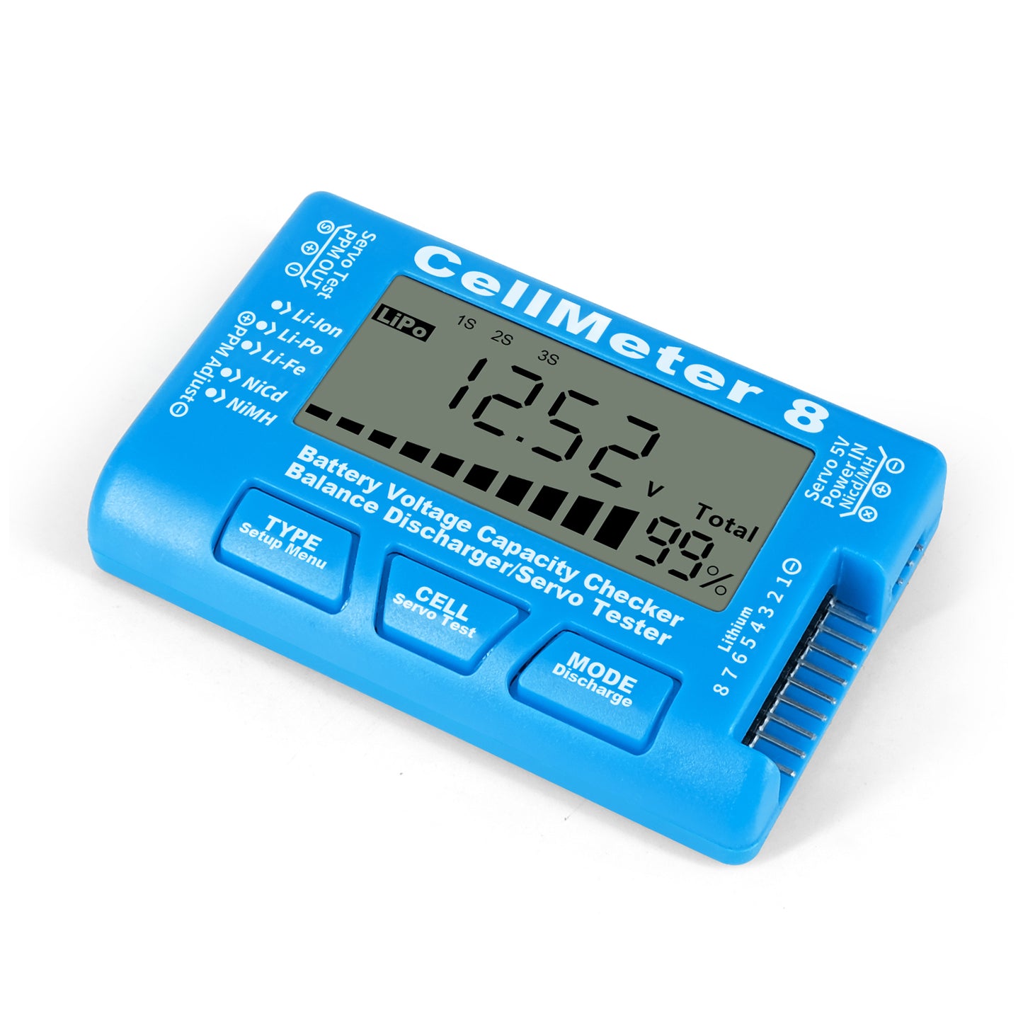Cellmeter 8-in-1 Digital Battery Capacity Checker Controller Tester Voltage Tester for Li-Po Li-ion NiMH Nicd Cell Meter - Blue