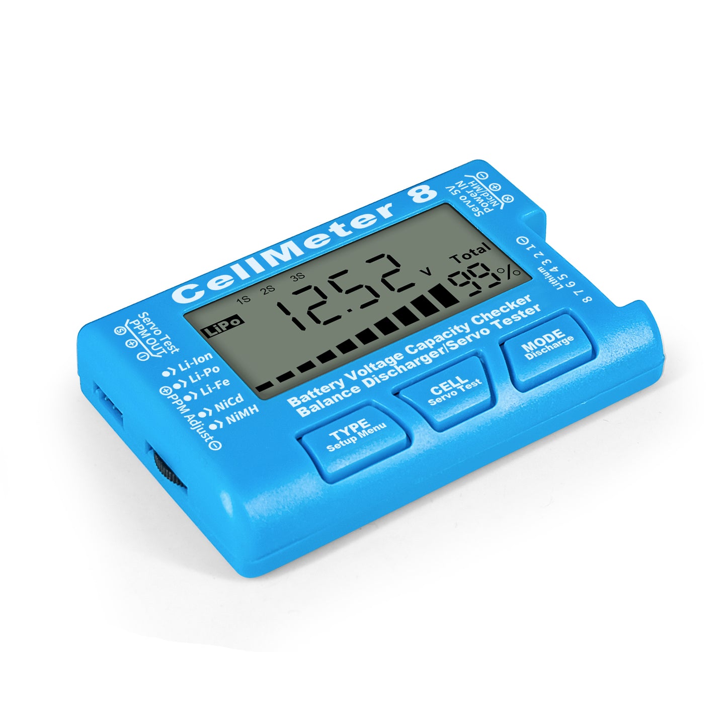 Cellmeter 8-in-1 Digital Battery Capacity Checker Controller Tester Voltage Tester for Li-Po Li-ion NiMH Nicd Cell Meter - Blue