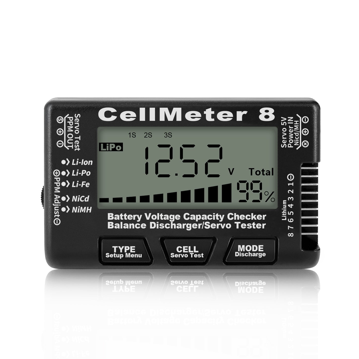 Cellmeter 8-in-1 Digital Battery Capacity Checker Controller Tester Voltage Tester for Li-Po Li-ion NiMH Nicd Cell Meter - Black