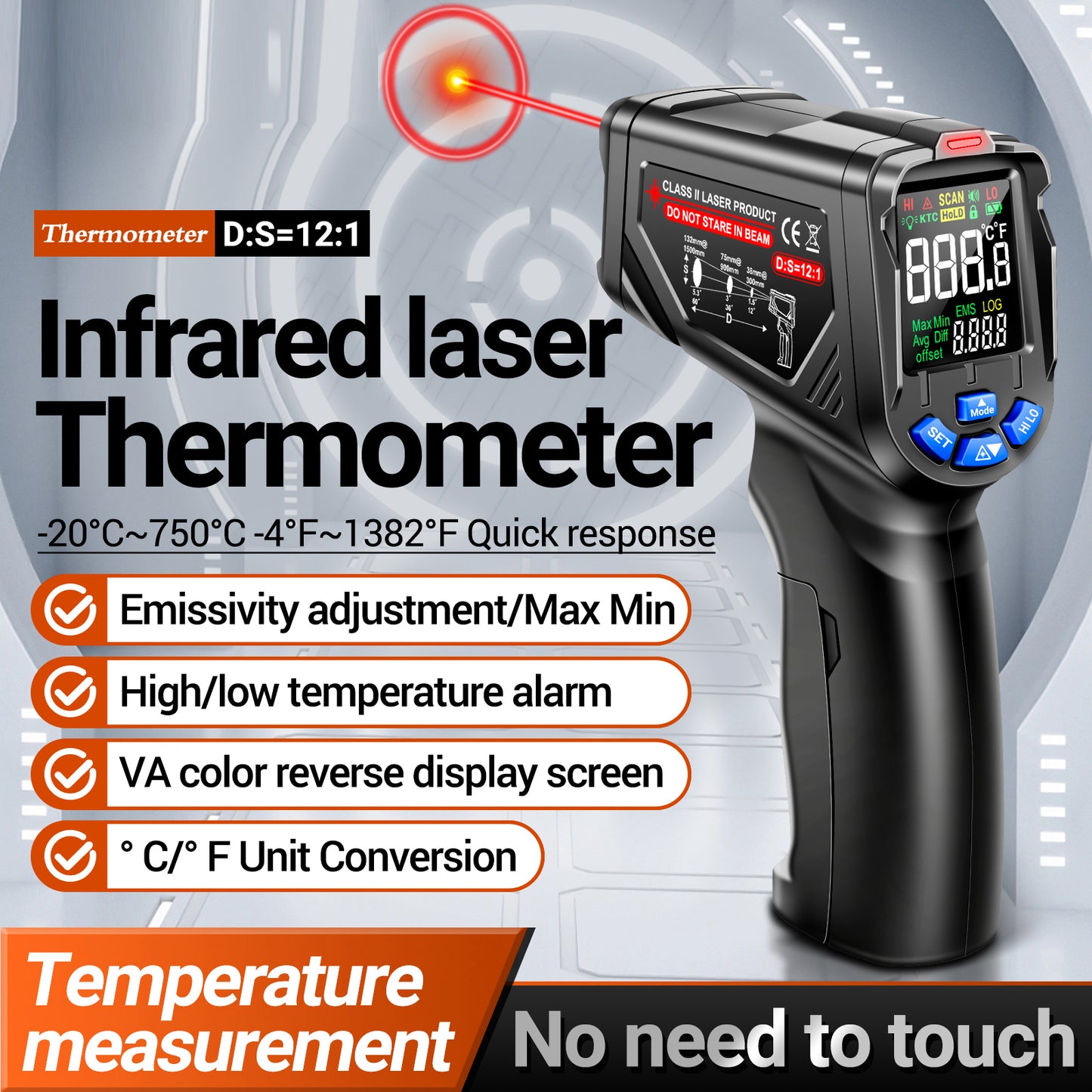 Aneng TH06 Digital Infrared Thermometer Temperature Gun -20 - 750 Degrees Celsius Handheld Non Contact Reverse Screen Industrial Tool - Black
