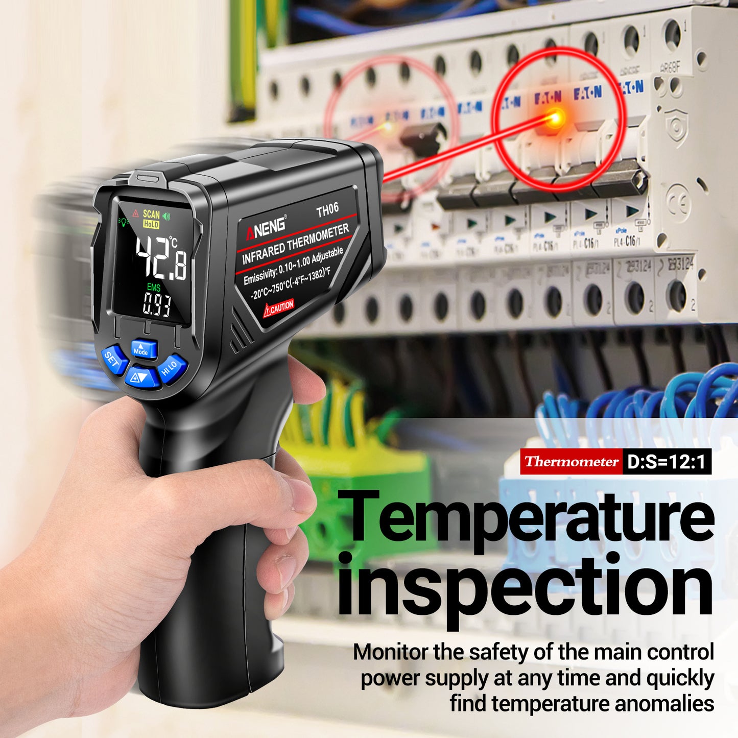 Aneng TH06 Digital Infrared Thermometer Temperature Gun -20 - 750 Degrees Celsius Handheld Non Contact Reverse Screen Industrial Tool - Black