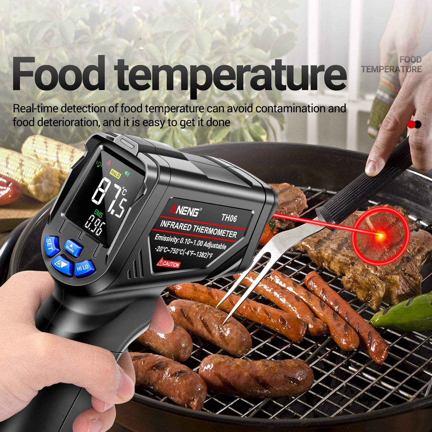 Aneng TH06 Digital Infrared Thermometer Temperature Gun -20 - 750 Degrees Celsius Handheld Non Contact Reverse Screen Industrial Tool - Black