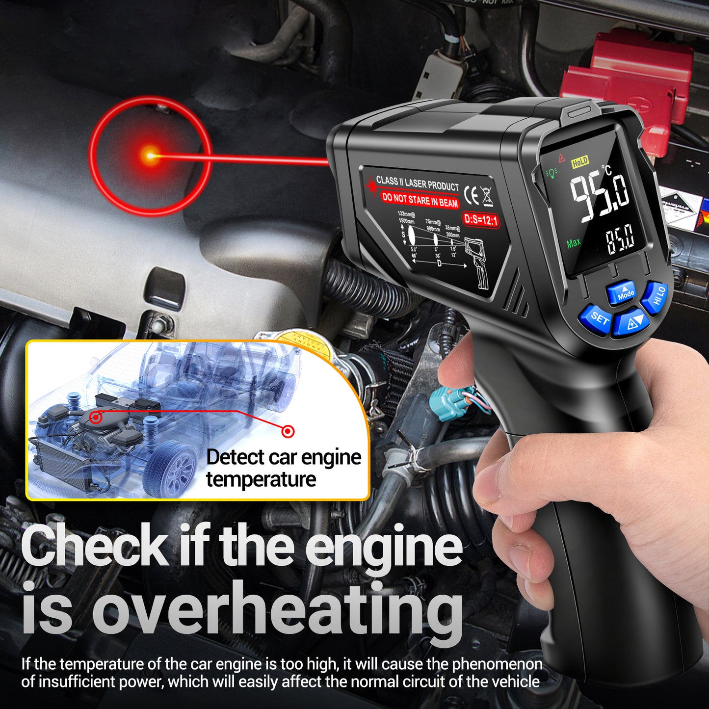 Aneng TH06 Digital Infrared Thermometer Temperature Gun -20 - 750 Degrees Celsius Handheld Non Contact Reverse Screen Industrial Tool - Black