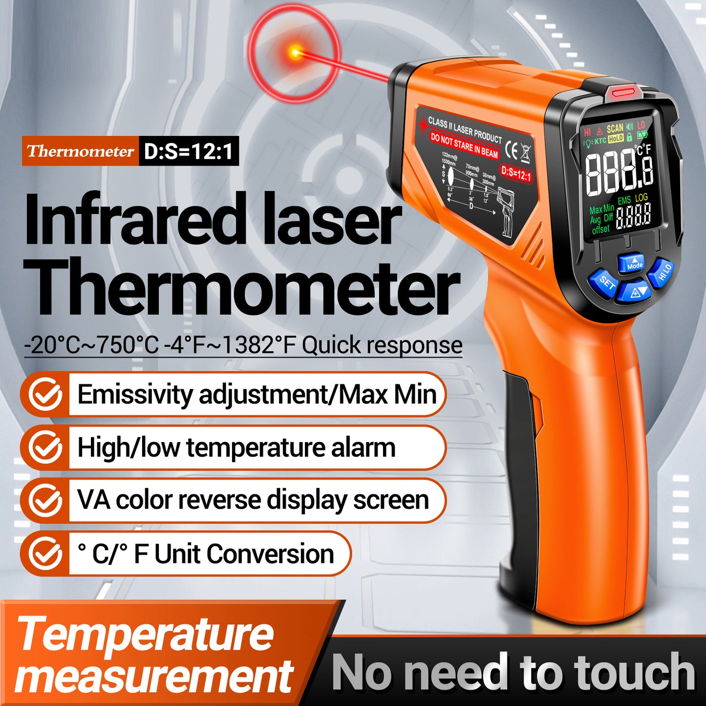 Aneng TH06 Digital Infrared Thermometer Temperature Gun -20 - 750 Degrees Celsius Handheld Non Contact Reverse Screen Industrial Tool - Orange