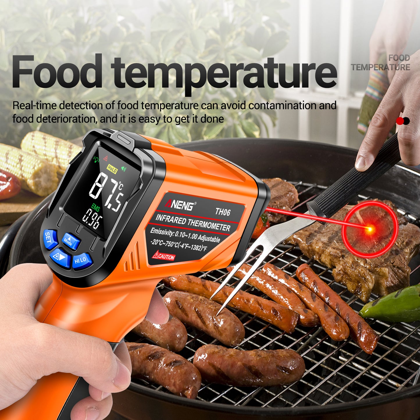 Aneng TH06 Digital Infrared Thermometer Temperature Gun -20 - 750 Degrees Celsius Handheld Non Contact Reverse Screen Industrial Tool - Orange