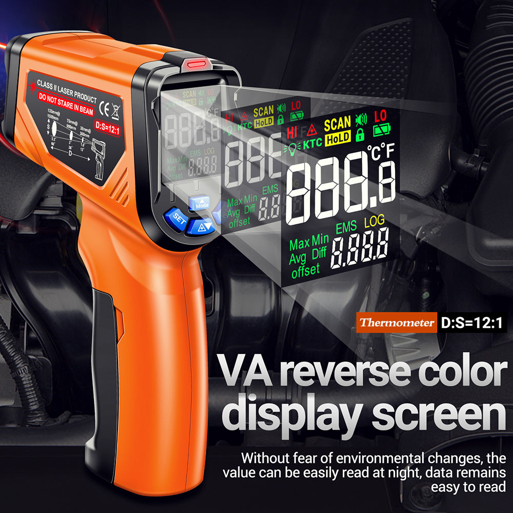 Aneng TH06 Digital Infrared Thermometer Temperature Gun -20 - 750 Degrees Celsius Handheld Non Contact Reverse Screen Industrial Tool - Orange