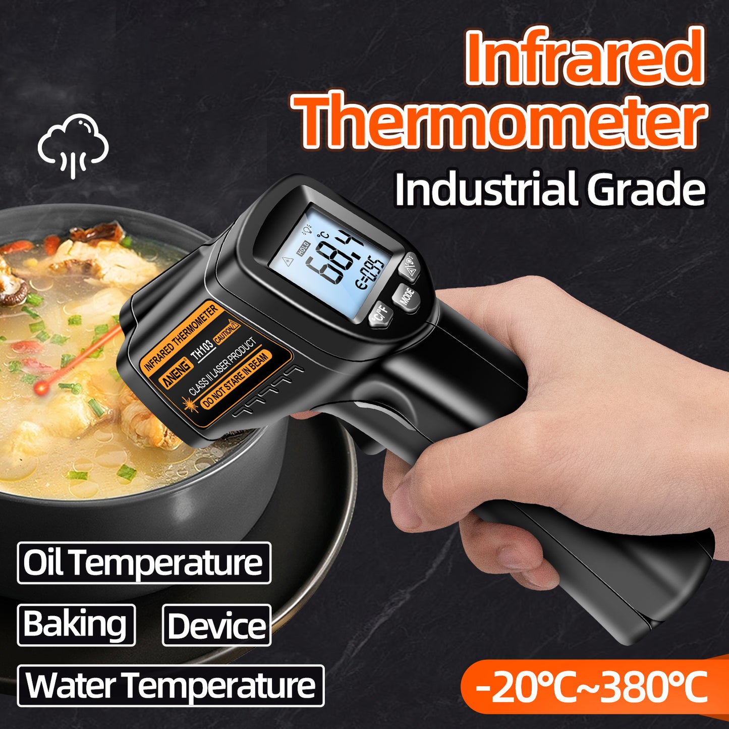 Aneng TH103 Digital Infrared Thermometer Temperature Gun -20 - 380 Degrees Celsius Handheld Non Contact Reverse Screen Industrial Tool - Orange