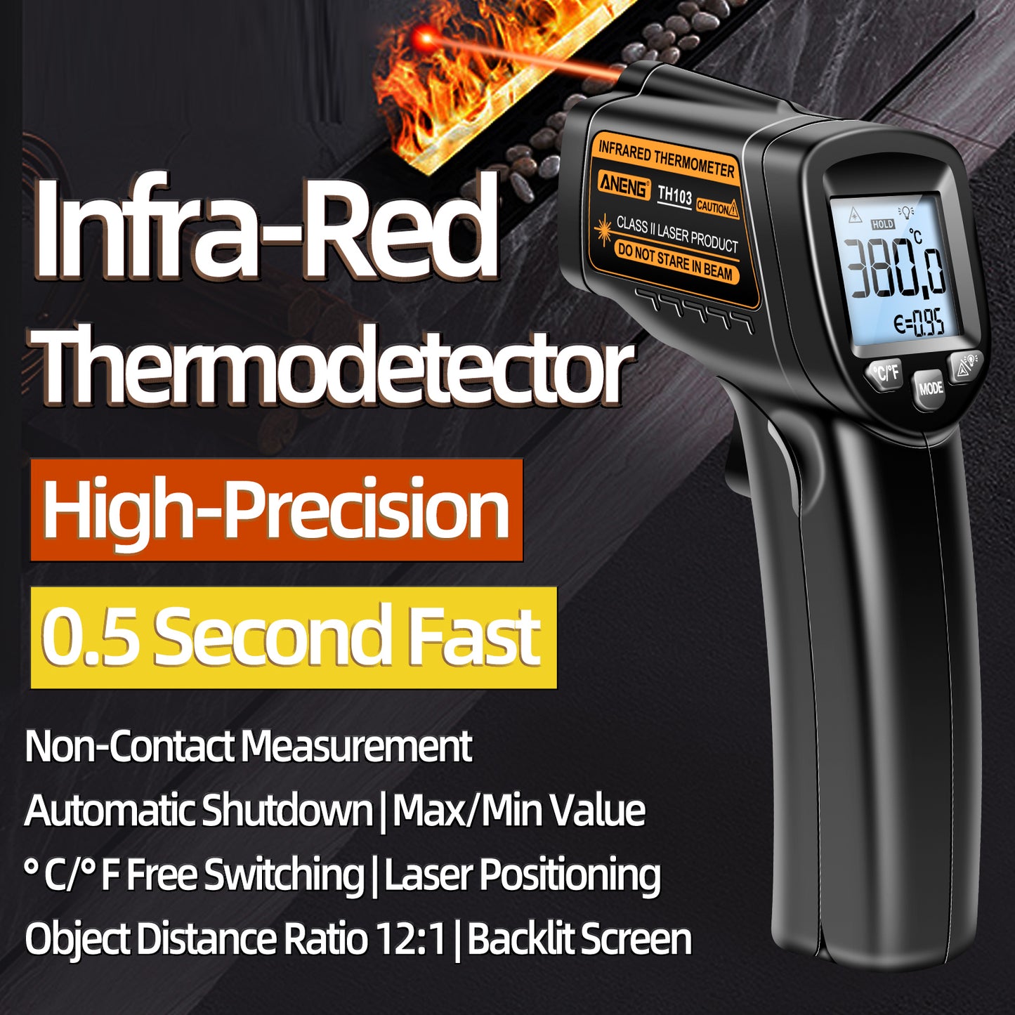 Aneng TH103 Digital Infrared Thermometer Temperature Gun -20 - 380 Degrees Celsius Handheld Non Contact Reverse Screen Industrial Tool - Orange