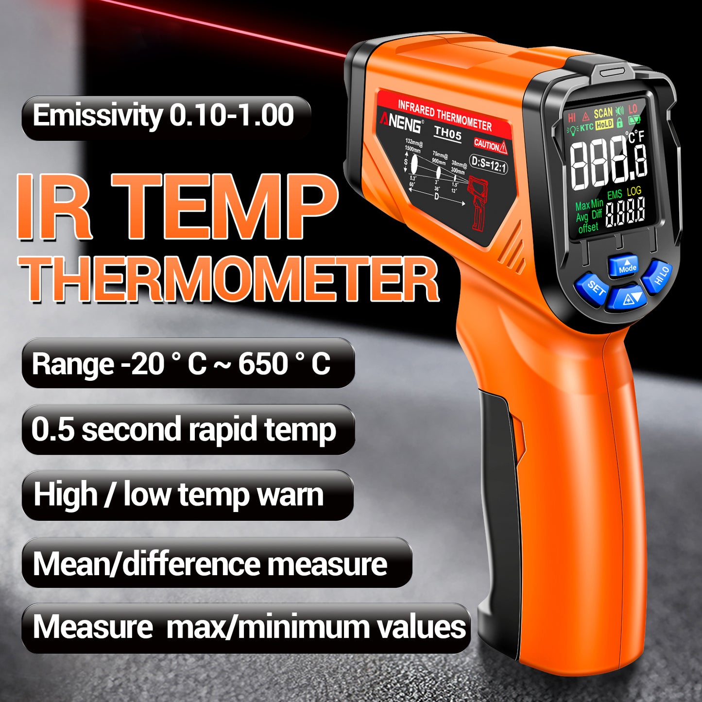 Aneng TH05 Portable Infrared Thermometers Handheld -20~650 Degree Temp Measurement with Digital Display - Orange