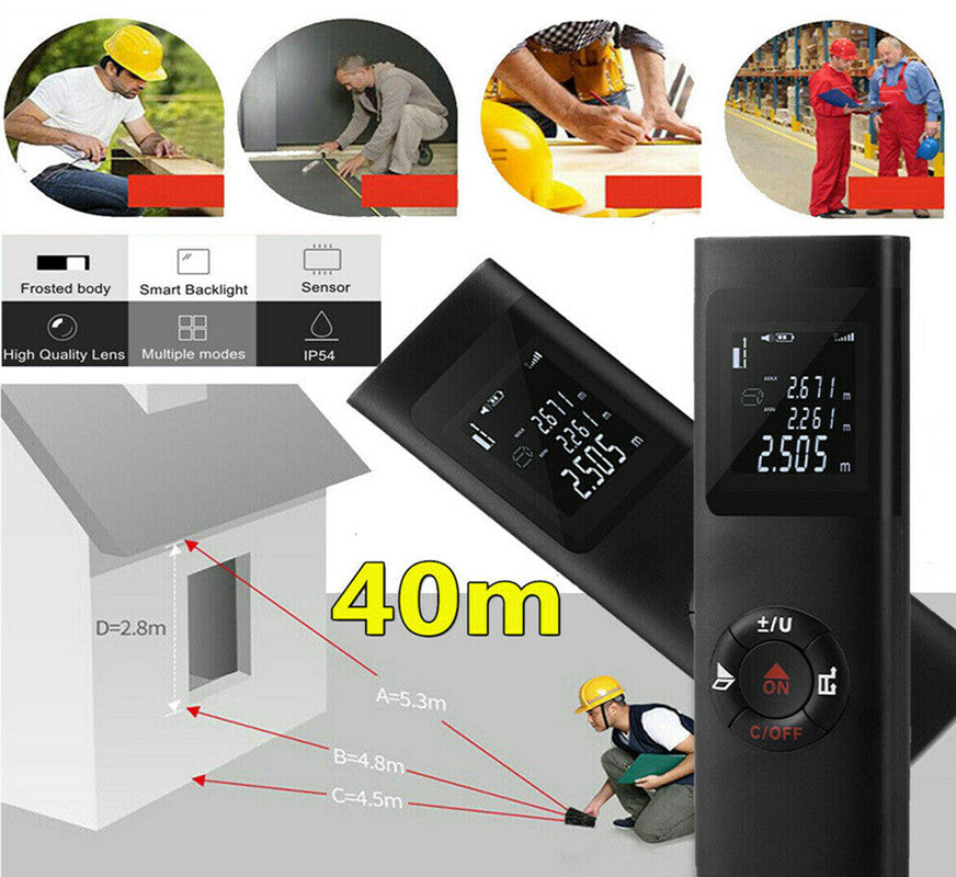 40m Multifunctional LCD Digital Laser Meter Mini Smart Rangefinder Portable Distance Measuring Tool Support USB Charging - Black