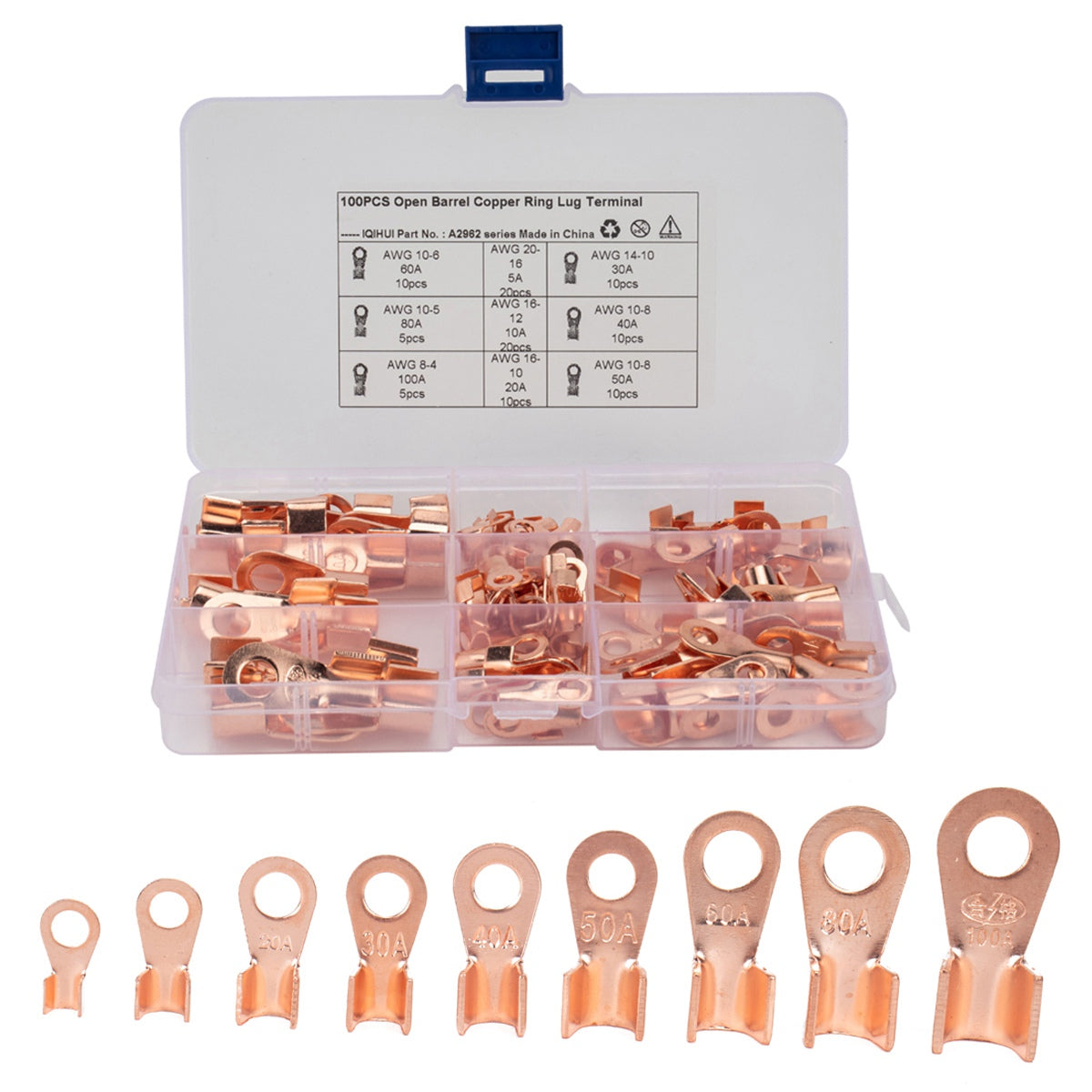 A2962 100Pcs 5A / 10A / 20A / 30A / 40A / 50A / 60A / 80A / 100A Open Barrel Terminals Cable Lugs Wire Crimp Copper Terminal Connectors