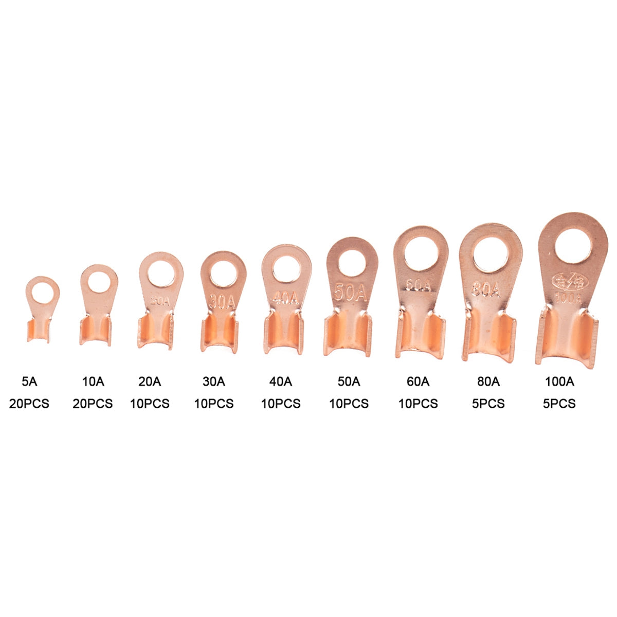 A2962 100Pcs 5A / 10A / 20A / 30A / 40A / 50A / 60A / 80A / 100A Open Barrel Terminals Cable Lugs Wire Crimp Copper Terminal Connectors