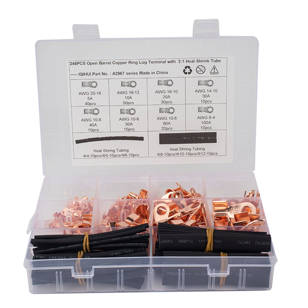 A2967 245Pcs / Set 5A / 10A / 20A / 30A / 40A / 50A / 60A / 100A Open Barrel Wire Crimp Lugs Copper Terminals Heat Shrink Tubing Assortment Kit with Storage Box
