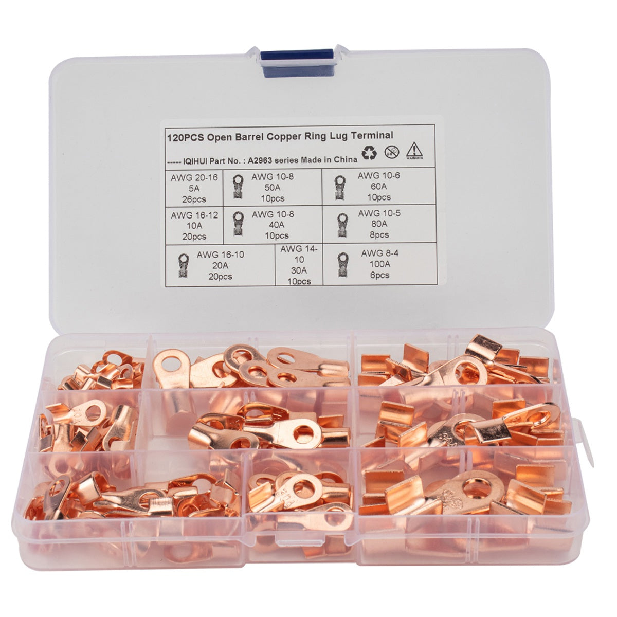 A2963 120Pcs 5A / 10A / 20A / 30A / 40A / 50A / 60A / 80A / 100A Open Barrel Terminals Set Wire Crimp Cable Lugs Copper Terminal Connectors with Storage Box