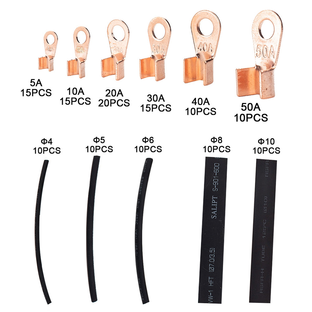 A2966 135Pcs / Set 5A / 10A / 20A / 30A / 40A / 50A Open Barrel Copper Terminals Wire Crimp Lugs Heat Shrink Tubing Assortment Kit with Storage Box
