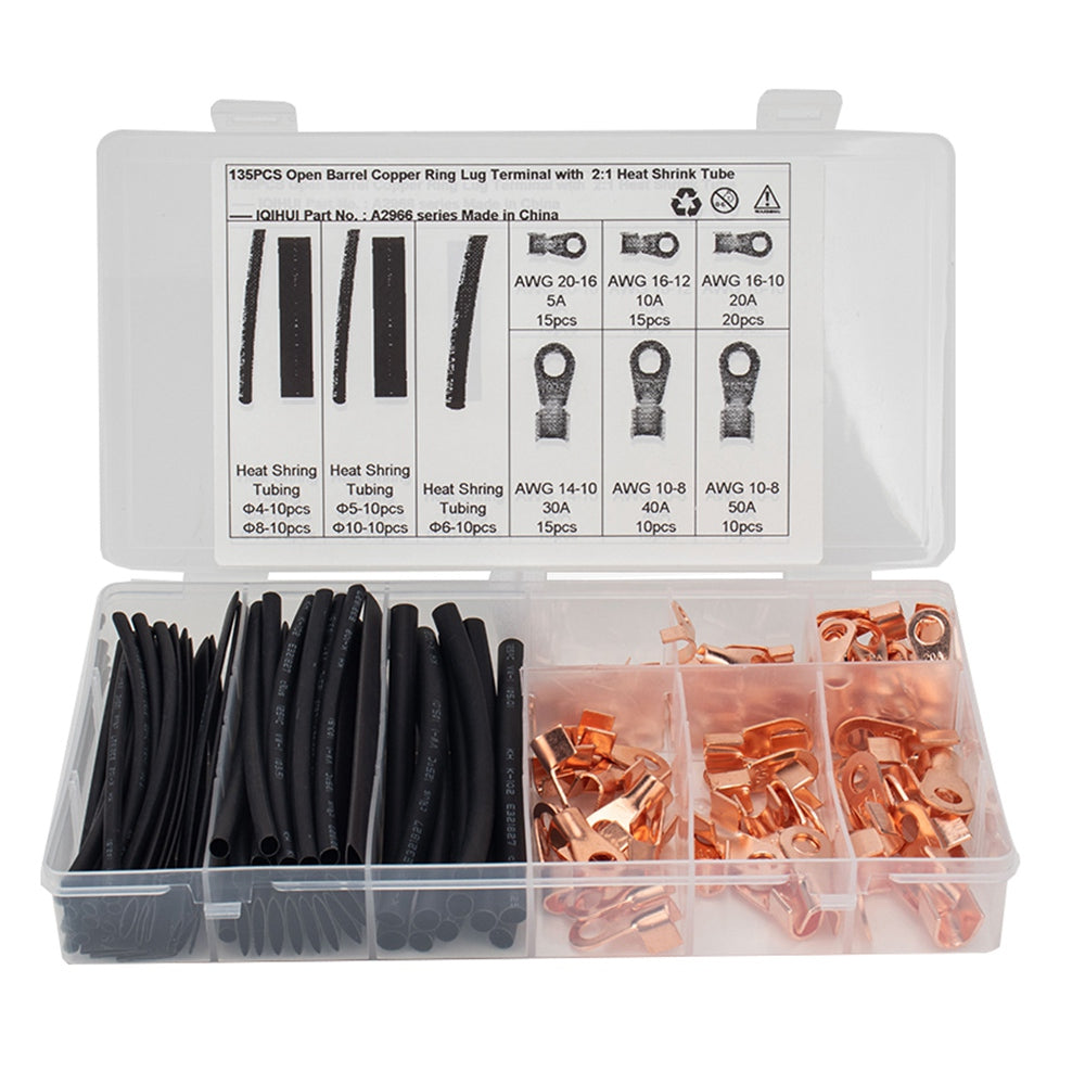 A2966 135Pcs / Set 5A / 10A / 20A / 30A / 40A / 50A Open Barrel Copper Terminals Wire Crimp Lugs Heat Shrink Tubing Assortment Kit with Storage Box