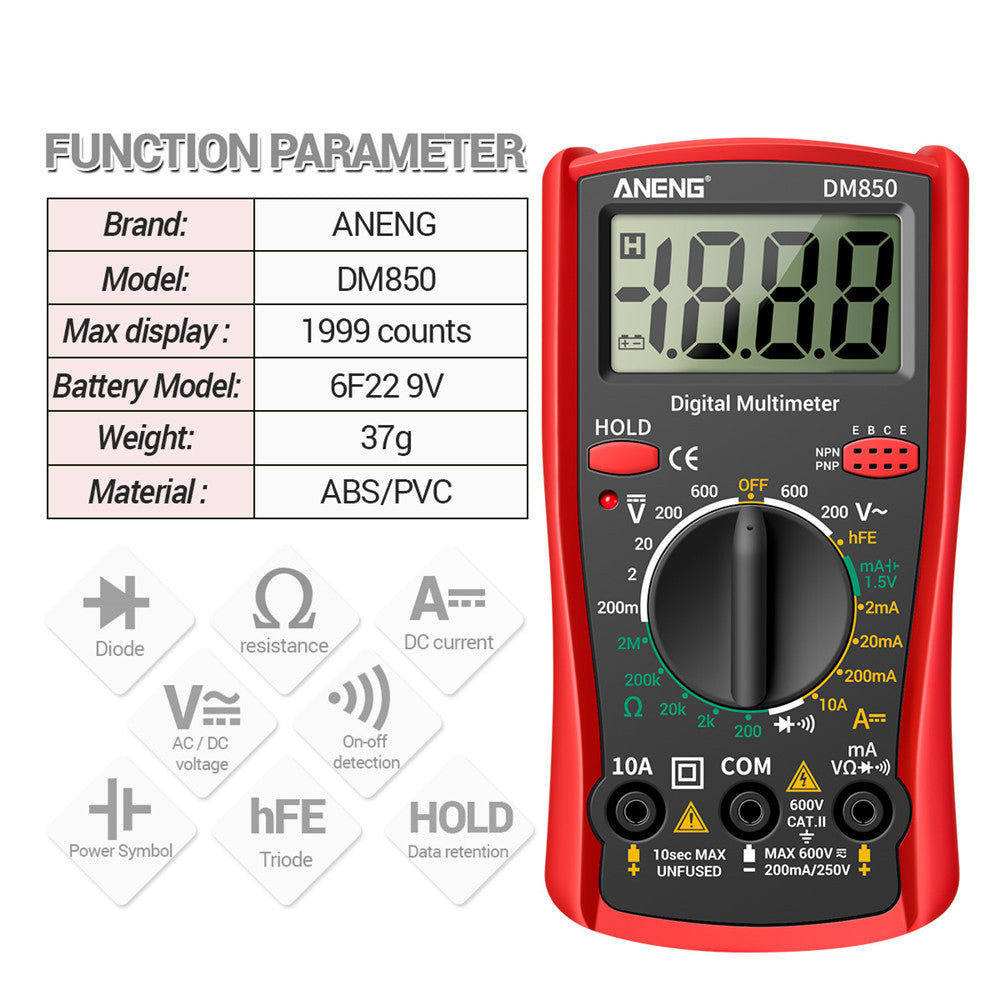 Aneng DM850 Professional Electric Multimeter 1999 Counts Digital Multimeter Tester Current Voltmeter Ammeter - Red