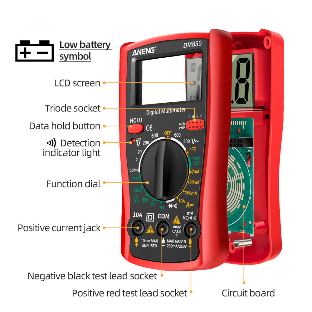 Aneng DM850 Professional Electric Multimeter 1999 Counts Digital Multimeter Tester Current Voltmeter Ammeter - Red