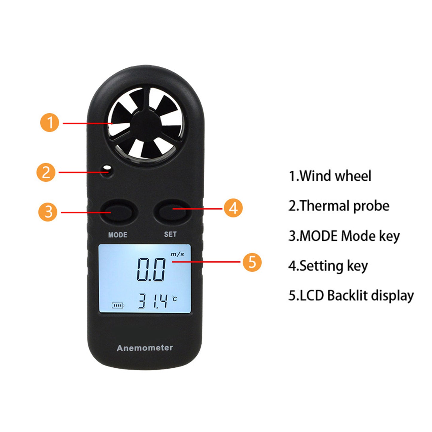WT816 Portable Digital Anemometer Thermometer Handheld Mini Wind Speed Temperature Gauge Air Flow Speed Meter with LED Display