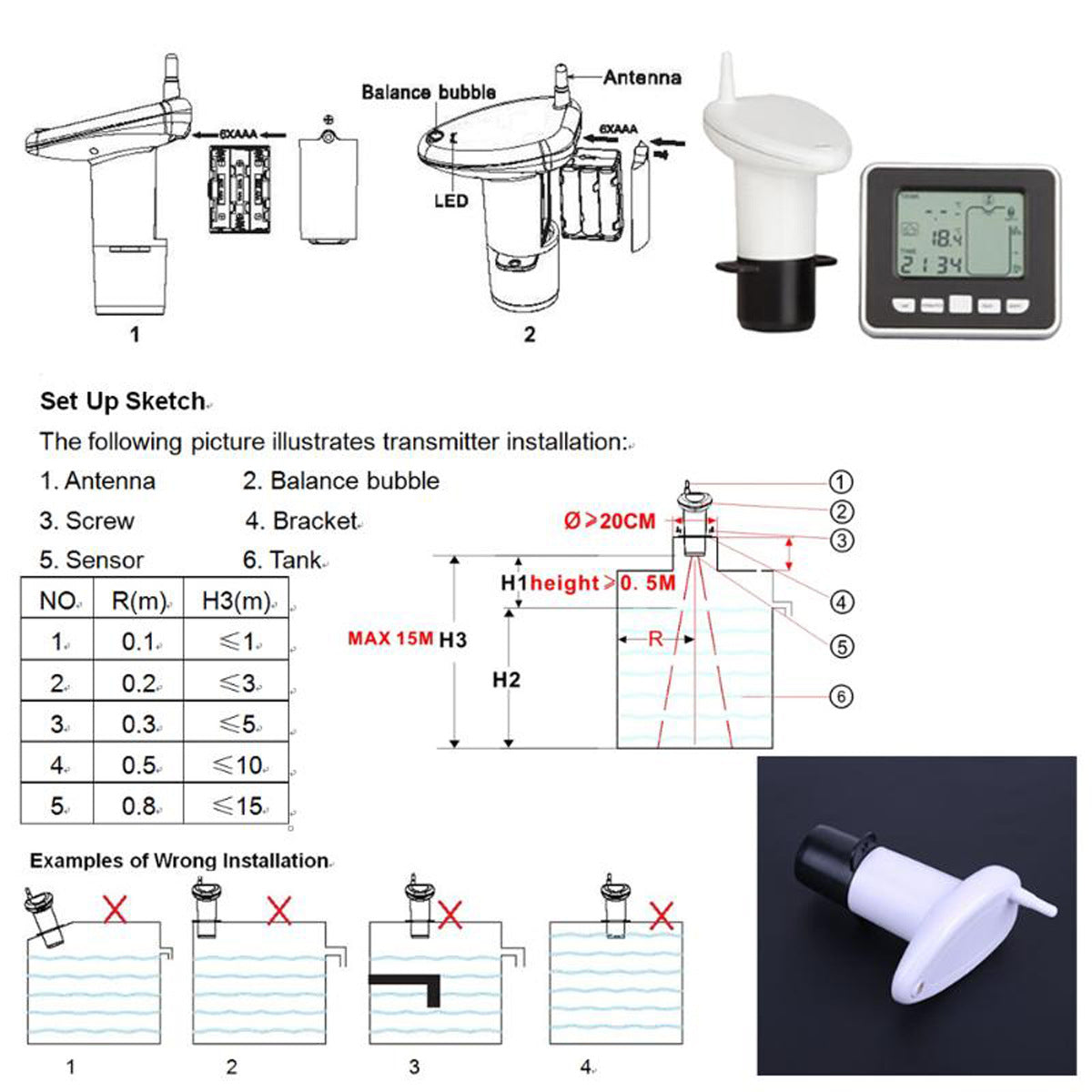 Ultrasonic Water Tank Liquid Depth Level Meter Sensor with Temperature Display