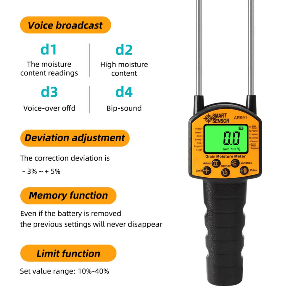 AR991 Digital Moisture Meter Cereal Moisture Meter Smart Sensor for Use In Corn Wheat Rice Grains Wheat Flour Seed (No FDA Certification)