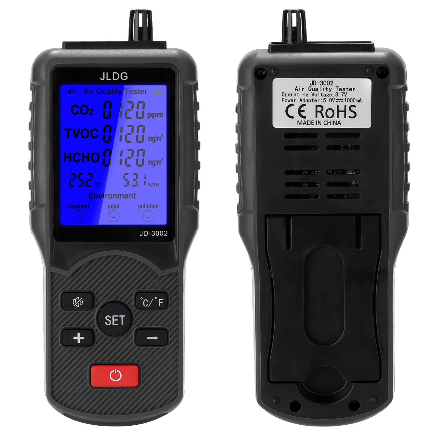 JD-3002 Carbon Dioxide Integrated Air Quality Monitor LCD Display Temperature and Humidity Detector