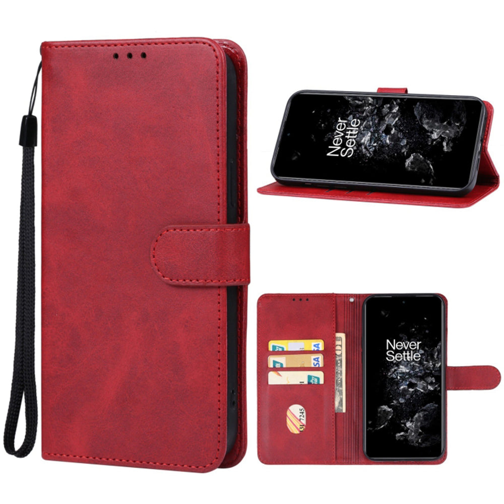 For OnePlus 11 5G Calf Texture PU Leather Wallet Case Flip Folio Stand Magnetic Protective Phone Cover with Strap - Red