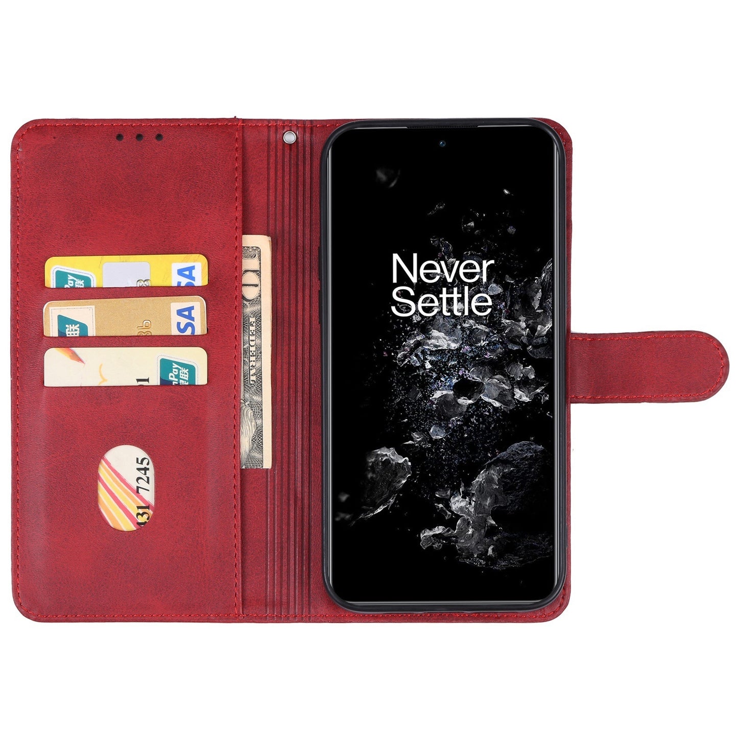 For OnePlus 11 5G Calf Texture PU Leather Wallet Case Flip Folio Stand Magnetic Protective Phone Cover with Strap - Red