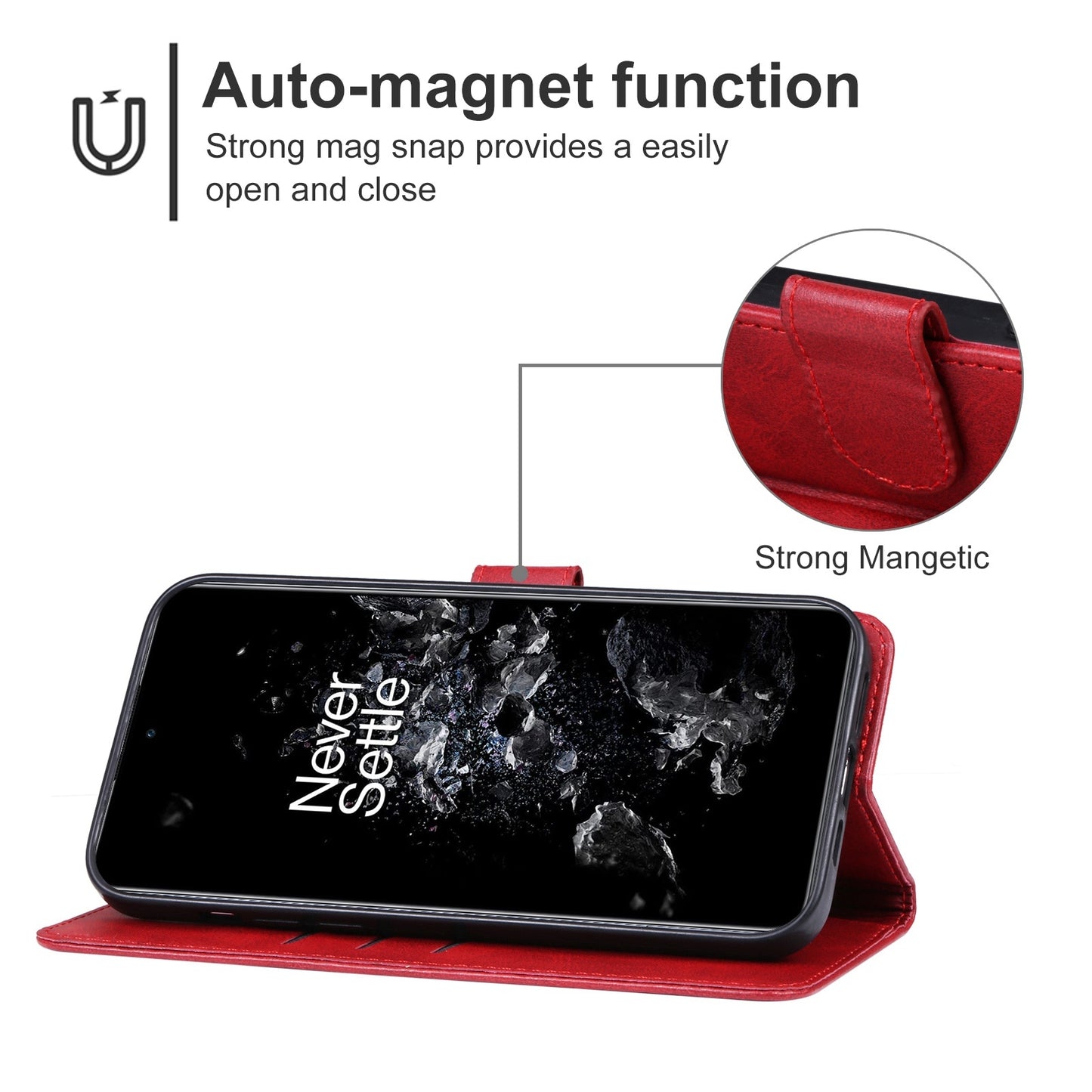 For OnePlus 11 5G Calf Texture PU Leather Wallet Case Flip Folio Stand Magnetic Protective Phone Cover with Strap - Red