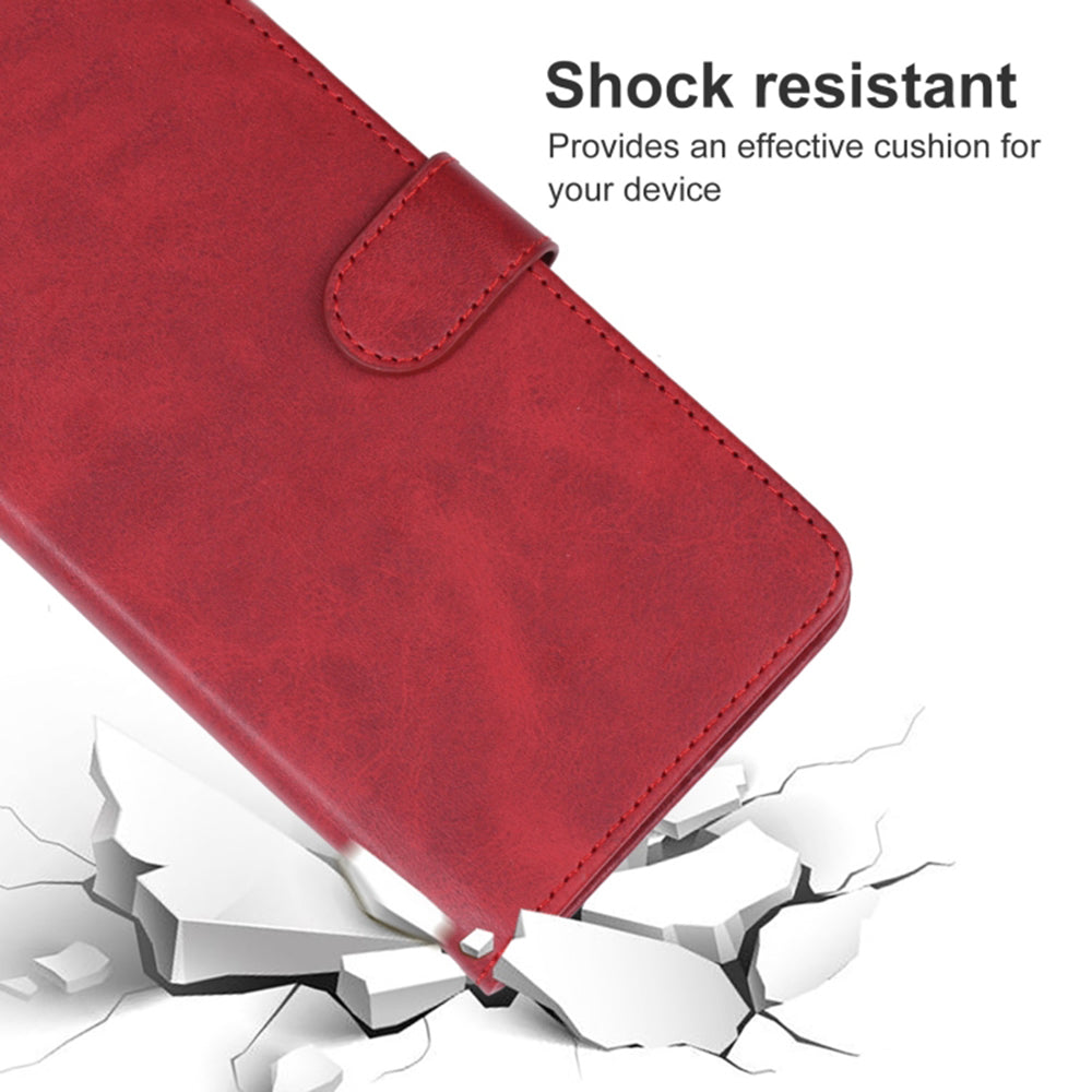 For OnePlus 11 5G Calf Texture PU Leather Wallet Case Flip Folio Stand Magnetic Protective Phone Cover with Strap - Red