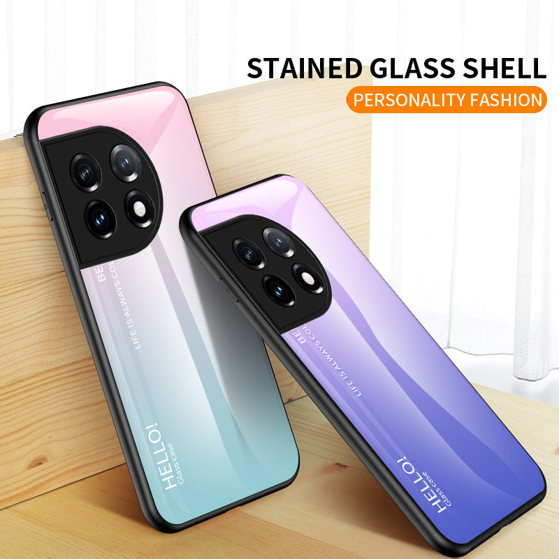 For OnePlus 11 5G Gradient Color Phone Case Anti-Scratch Tempered Glass + PC Back TPU Frame Hybrid Cover - Gradient Pink Blue
