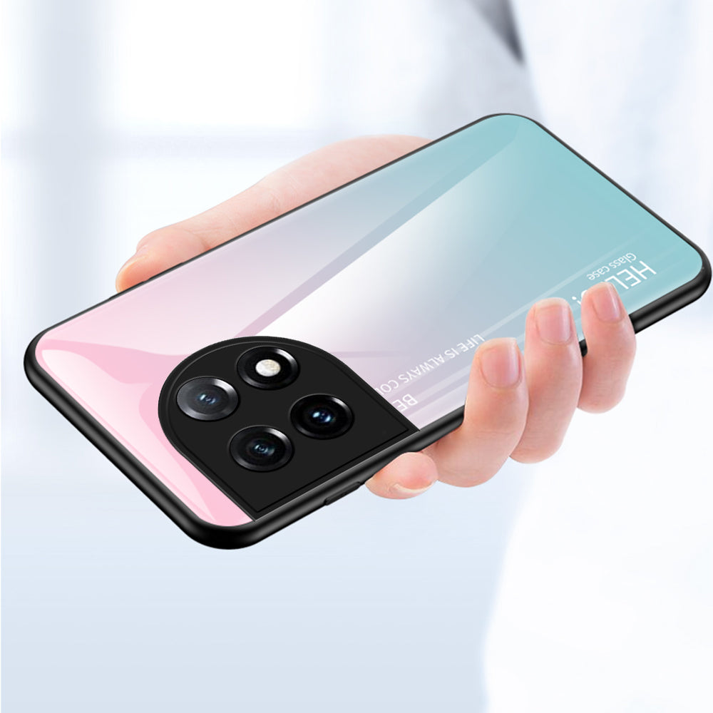 For OnePlus 11 5G Gradient Color Phone Case Anti-Scratch Tempered Glass + PC Back TPU Frame Hybrid Cover - Gradient Blue Black