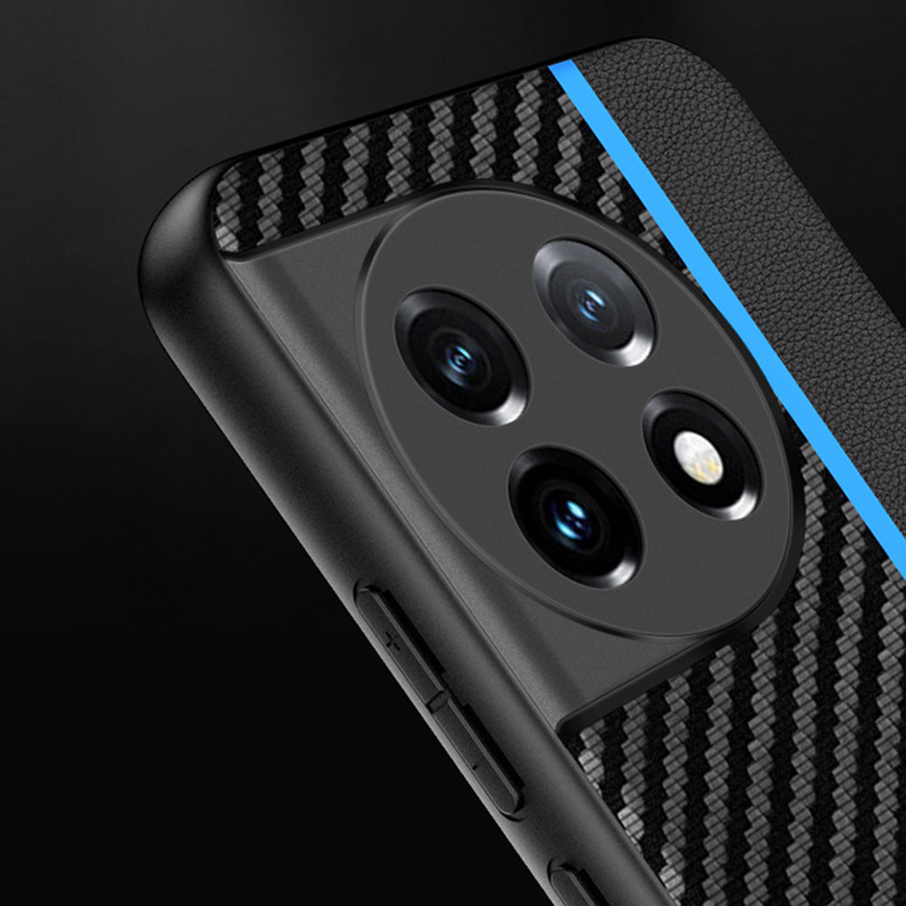 For OnePlus 11 5G PU Leather Coated TPU Case Ultra Slim Carbon Fiber Texture Anti-scratch Phone Cover - Carbon Fiber / Splicing Blue
