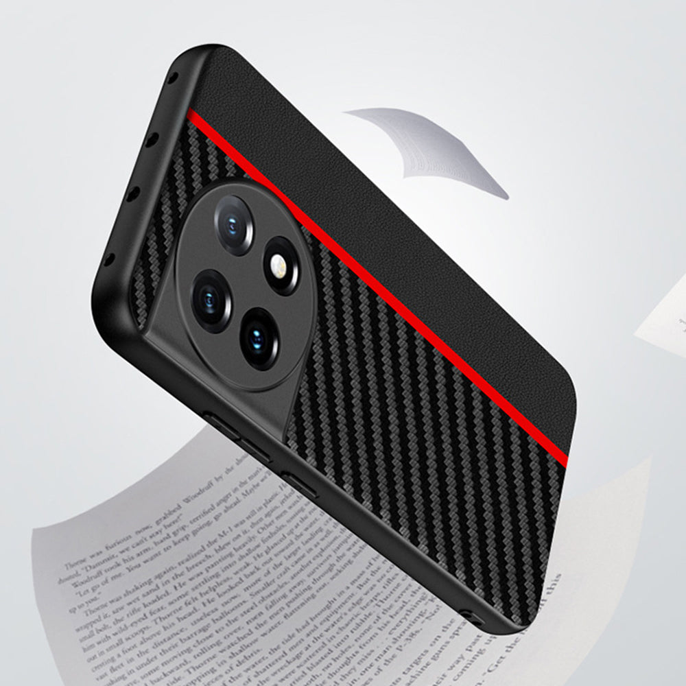 For OnePlus 11 5G PU Leather Coated TPU Case Ultra Slim Carbon Fiber Texture Anti-scratch Phone Cover - Solid Color / Orange