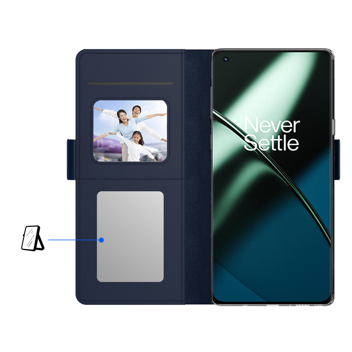 Anti-fall Phone Case for OnePlus 11 5G, PU Leather+TPU Foldable Stand Card Holder Magnetic Phone Cover with Makeup Mirror - Blue