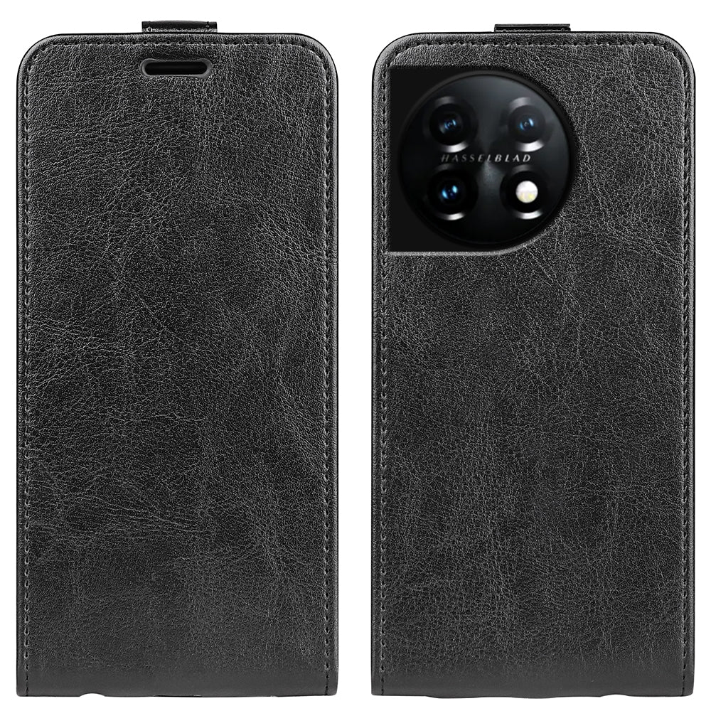For OnePlus 11 5G Crazy Horse Texture PU Leather Anti-drop Phone Case with Card Slot Dual Magnetic Clasp Vertical Flip Phone Cover - Black